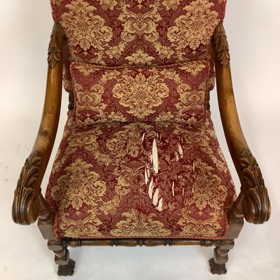 Sale Photo Thumbnail #224: Red & Gold Damask Upholstered seat (with damage) Chair itself is in good structural condition. carved walnut arms and claw feet with stretcher. measuring 46" high x 25" wide x 31" deep 18" seat height x 19" seat depth.