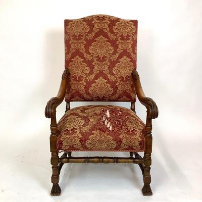 Sale Photo Thumbnail #221: Red & Gold Damask Upholstered seat (with damage) Chair itself is in good structural condition. carved walnut arms and claw feet with stretcher. measuring 46" high x 25" wide x 31" deep 18" seat height x 19" seat depth.