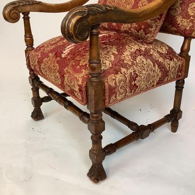 Sale Photo Thumbnail #223: Red & Gold Damask Upholstered seat (with damage) Chair itself is in good structural condition. carved walnut arms and claw feet with stretcher. measuring 46" high x 25" wide x 31" deep 18" seat height x 19" seat depth.