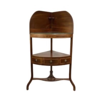 Sale Photo Thumbnail #245: This washstand has some sun fading across back, the drawers are faux with lion face pulls, hole cut for bowls on top shelf (no bowls) and diamond inlay  border. Custom glass piece was made for top so it can be used as a corner display piece or table Measu
