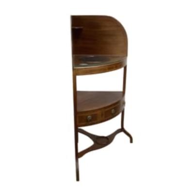 Sale Photo Thumbnail #246: This washstand has some sun fading across back, the drawers are faux with lion face pulls, hole cut for bowls on top shelf (no bowls) and diamond inlay  border. Custom glass piece was made for top so it can be used as a corner display piece or table Measu