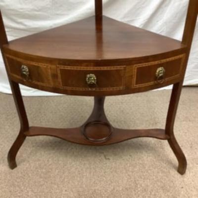 Sale Photo Thumbnail #249: This washstand has some sun fading across back, the drawers are faux with lion face pulls, hole cut for bowls on top shelf (no bowls) and diamond inlay  border. Custom glass piece was made for top so it can be used as a corner display piece or table Measu