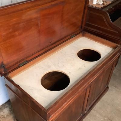 Sale Photo Thumbnail #285: Wells, John, 210 Regent St, London, (1839).maker stamp on inside top , area where a mirror was attached. marble with two basins is in good condition , two doors with inside shelves. measuring 34" high x 51.5" wide x 24" deep