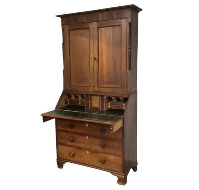 Sale Photo Thumbnail #291: With Ivory Esutcheons on the desk drawer pulls,and key holes. This piece would make a wonderful addition to any collector. The leather top on the desk has been completely restored with kelly green gold border leather. Comes in two pieces and Ogee feet. Ch