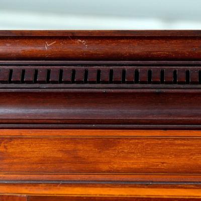 Sale Photo Thumbnail #324: George III Style English Bureau-Bookcase in Mahogany of Rich Color and Patina with Overall Satinwood Banding. The slant front displays beautifully flamed mahogany and opens to reveal a fitted interior with two document drawers and six pigeon holes over si