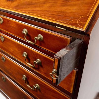 Sale Photo Thumbnail #318: George III Style English Bureau-Bookcase in Mahogany of Rich Color and Patina with Overall Satinwood Banding. The slant front displays beautifully flamed mahogany and opens to reveal a fitted interior with two document drawers and six pigeon holes over si