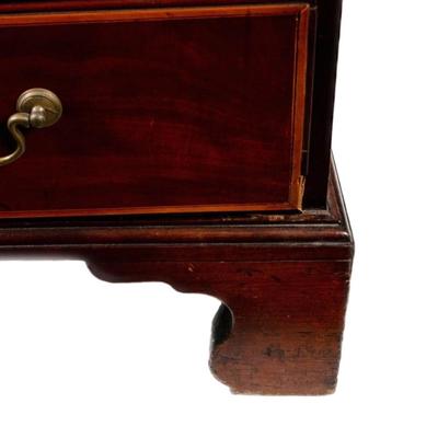 Sale Photo Thumbnail #316: George III Style English Bureau-Bookcase in Mahogany of Rich Color and Patina with Overall Satinwood Banding. The slant front displays beautifully flamed mahogany and opens to reveal a fitted interior with two document drawers and six pigeon holes over si