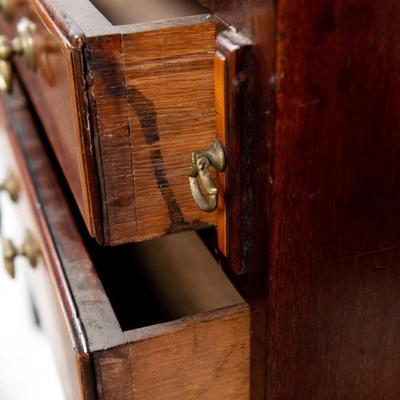 Sale Photo Thumbnail #321: George III Style English Bureau-Bookcase in Mahogany of Rich Color and Patina with Overall Satinwood Banding. The slant front displays beautifully flamed mahogany and opens to reveal a fitted interior with two document drawers and six pigeon holes over si