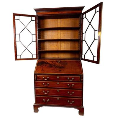 Sale Photo Thumbnail #317: George III Style English Bureau-Bookcase in Mahogany of Rich Color and Patina with Overall Satinwood Banding. The slant front displays beautifully flamed mahogany and opens to reveal a fitted interior with two document drawers and six pigeon holes over si