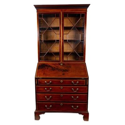 Sale Photo Thumbnail #315: George III Style English Bureau-Bookcase in Mahogany of Rich Color and Patina with Overall Satinwood Banding. The slant front displays beautifully flamed mahogany and opens to reveal a fitted interior with two document drawers and six pigeon holes over si
