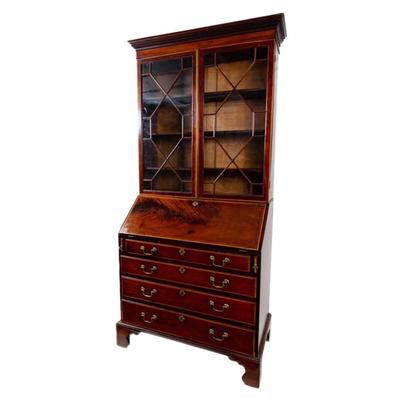 Sale Photo Thumbnail #314: George III Style English Bureau-Bookcase in Mahogany of Rich Color and Patina with Overall Satinwood Banding. The slant front displays beautifully flamed mahogany and opens to reveal a fitted interior with two document drawers and six pigeon holes over si