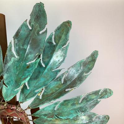 Sale Photo Thumbnail #340: Teal Feathers, Red Band, 2 gold feathers. Greg Gowen, Studio G7. Copper art. Measures: 44" high x 34" wide