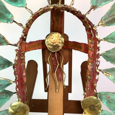 Sale Photo Thumbnail #341: Teal Feathers, Red Band, 2 gold feathers. Greg Gowen, Studio G7. Copper art. Measures: 44" high x 34" wide