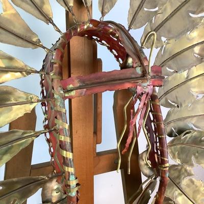 Sale Photo Thumbnail #342: Teal Feathers, Red Band, 2 gold feathers. Greg Gowen, Studio G7. Copper art. Measures: 44" high x 34" wide