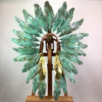 Sale Photo Thumbnail #338: Teal Feathers, Red Band, 2 gold feathers. Greg Gowen, Studio G7. Copper art. Measures: 44" high x 34" wide