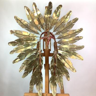 Sale Photo Thumbnail #339: Teal Feathers, Red Band, 2 gold feathers. Greg Gowen, Studio G7. Copper art. Measures: 44" high x 34" wide