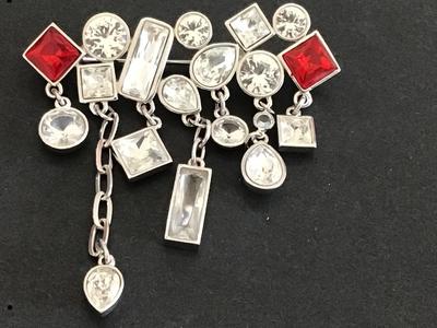 Unique Large Swarovski Swan Signed Silvertone Crystal Clear and Red Brooch