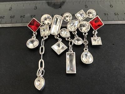 Unique Large Swarovski Swan Signed Silvertone Crystal Clear and Red Brooch