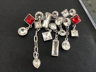 Unique Large Swarovski Swan Signed Silvertone Crystal Clear and Red Brooch