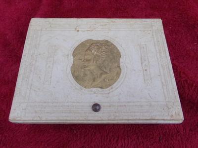 VERY OLD Keepsake box with a gold tone cameo on the lid