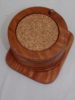 Set of 6 wood w/cork coaster on a peg style holder.