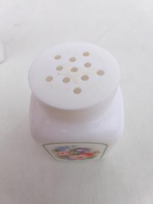 pair Avon “Country Garden” powder sachets. Milk glass w/lift off caps, about 3-1/4" tall.