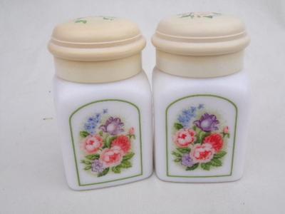 pair Avon “Country Garden” powder sachets. Milk glass w/lift off caps, about 3-1/4" tall.