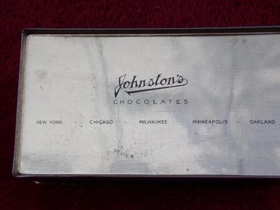 Johnston’s Chocolates tin w/hinged lid, believed to be c.1920s-30s.
