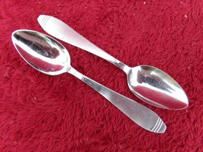 Pair of VTG traditional tea spoons, appear to be stainless steel, VERY thin stamped metal style.