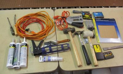 Sale Photo Thumbnail #1499: Assortment Of Hand Tools & Electrical Cords Caulk
