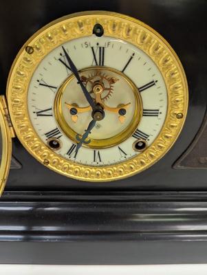 Sale Photo Thumbnail #180: Antique Cast Iron Clock Ansonia Antique Mantel Clock With Key Figural Cherub