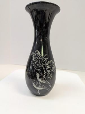 Sale Photo Thumbnail #240: Black & White Onyx Marble Vase Etched Bird Design