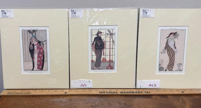 Sale Photo Thumbnail #151: Set of 3 prints, title "Costumes Parisiens", 4.5" x 7", matted size is 10" x 12". Great condition, sealed in plastic.  Originally purchased in London.