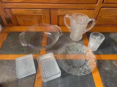 Sale Photo Thumbnail #904: Variety of Cut Glass Pieces (Lot of 6). One cup, one vase, one plate, two trinket/soap dishes, and one oven safe bowl. Good condition.
