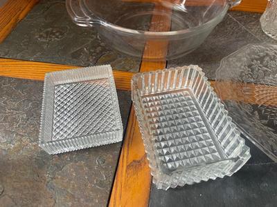 Sale Photo Thumbnail #905: Variety of Cut Glass Pieces (Lot of 6). One cup, one vase, one plate, two trinket/soap dishes, and one oven safe bowl. Good condition.
