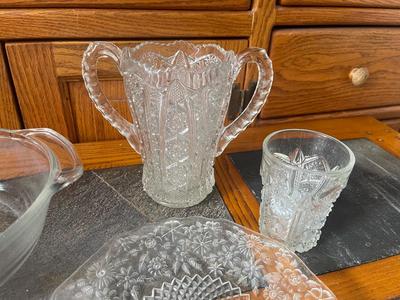 Sale Photo Thumbnail #907: Variety of Cut Glass Pieces (Lot of 6). One cup, one vase, one plate, two trinket/soap dishes, and one oven safe bowl. Good condition.