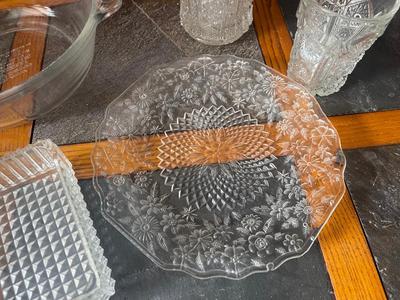 Sale Photo Thumbnail #906: Variety of Cut Glass Pieces (Lot of 6). One cup, one vase, one plate, two trinket/soap dishes, and one oven safe bowl. Good condition.