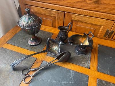 Sale Photo Thumbnail #911: Hand Engraved Silver Plate Copper Pieces Plus More (Lot of 6). Also includes a glass serving bowl and two serving spoons.
