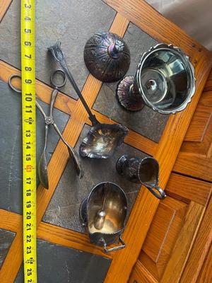 Sale Photo Thumbnail #909: Hand Engraved Silver Plate Copper Pieces Plus More (Lot of 6). Also includes a glass serving bowl and two serving spoons.