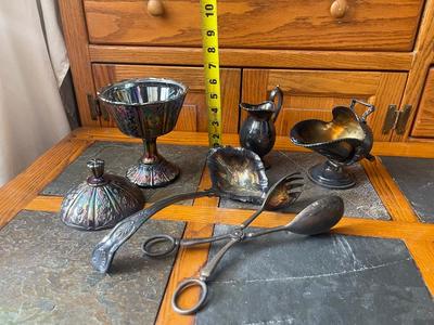 Sale Photo Thumbnail #910: Hand Engraved Silver Plate Copper Pieces Plus More (Lot of 6). Also includes a glass serving bowl and two serving spoons.