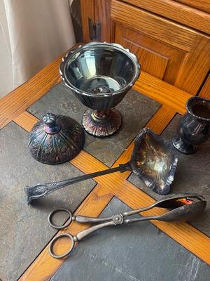 Sale Photo Thumbnail #912: Hand Engraved Silver Plate Copper Pieces Plus More (Lot of 6). Also includes a glass serving bowl and two serving spoons.