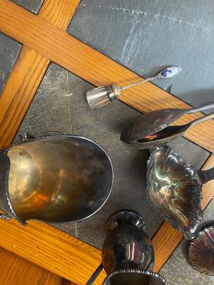 Sale Photo Thumbnail #916: Hand Engraved Silver Plate Copper Pieces Plus More (Lot of 6). Also includes a glass serving bowl and two serving spoons.