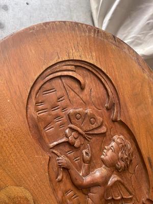 Sale Photo Thumbnail #937: Antique Glass Top Tray Carved Cherub Coffee Table. Crack in wood on tray and some damage on table legs. Carving appears to be done by hand, very intricate.