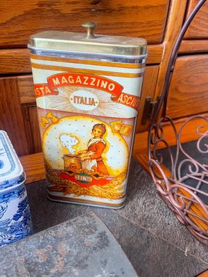 Sale Photo Thumbnail #945: Lot of Various Antique Metal Vessels (Lot of 8). One basket and several tin boxes. 2 Coca Cola boxes and one italian pasta box.