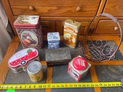 Sale Photo Thumbnail #949: Lot of Various Antique Metal Vessels (Lot of 8). One basket and several tin boxes. 2 Coca Cola boxes and one italian pasta box.
