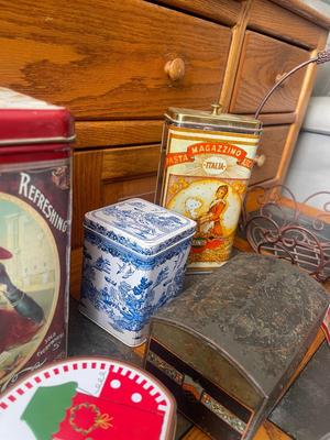 Sale Photo Thumbnail #944: Lot of Various Antique Metal Vessels (Lot of 8). One basket and several tin boxes. 2 Coca Cola boxes and one italian pasta box.