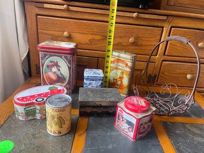 Sale Photo Thumbnail #950: Lot of Various Antique Metal Vessels (Lot of 8). One basket and several tin boxes. 2 Coca Cola boxes and one italian pasta box.