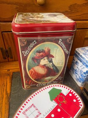 Sale Photo Thumbnail #942: Lot of Various Antique Metal Vessels (Lot of 8). One basket and several tin boxes. 2 Coca Cola boxes and one italian pasta box.