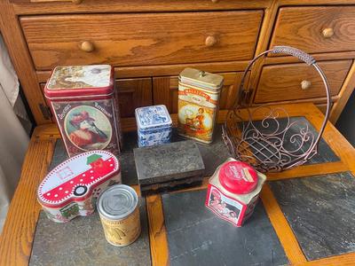 Sale Photo Thumbnail #941: Lot of Various Antique Metal Vessels (Lot of 8). One basket and several tin boxes. 2 Coca Cola boxes and one italian pasta box.