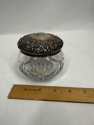 Sale Photo Thumbnail #18: Heavy, solid cut glass crystal  jar with sterling silver lid. Lid has a small dent, not very visible but can be felt, please see pictures.
Marked Sterling 925 Fine.